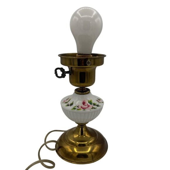 Vintage Brass & Porcelain Table Lamp With Floral Design No Shade - Picture 2 of 7